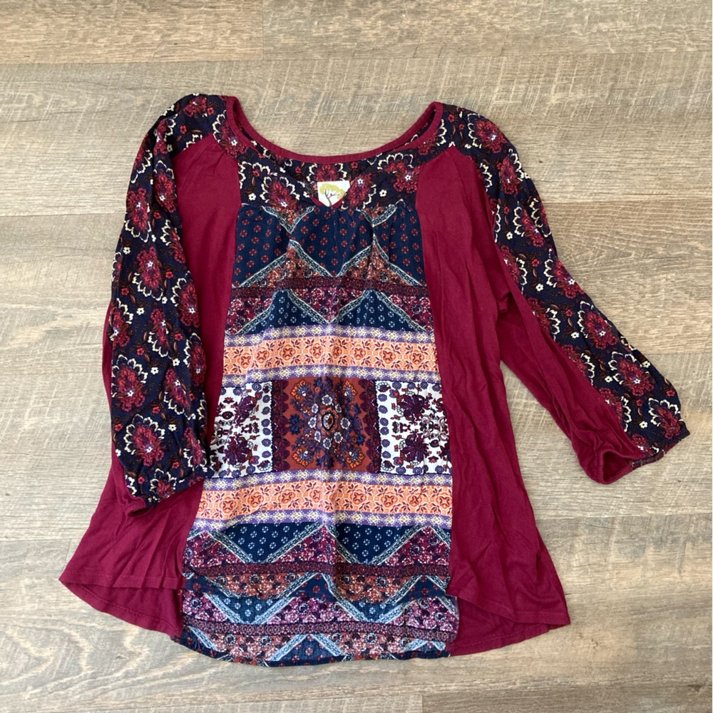 Fig & Flowers | Anthropology Mixed Print Patchwork Long Sleeve Shirt